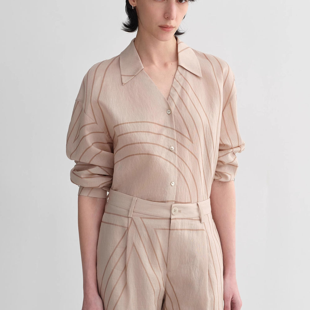 
                  
                    Linen original art stripe print classic lapel small V-neck design breathable shirt suit for women
                  
                