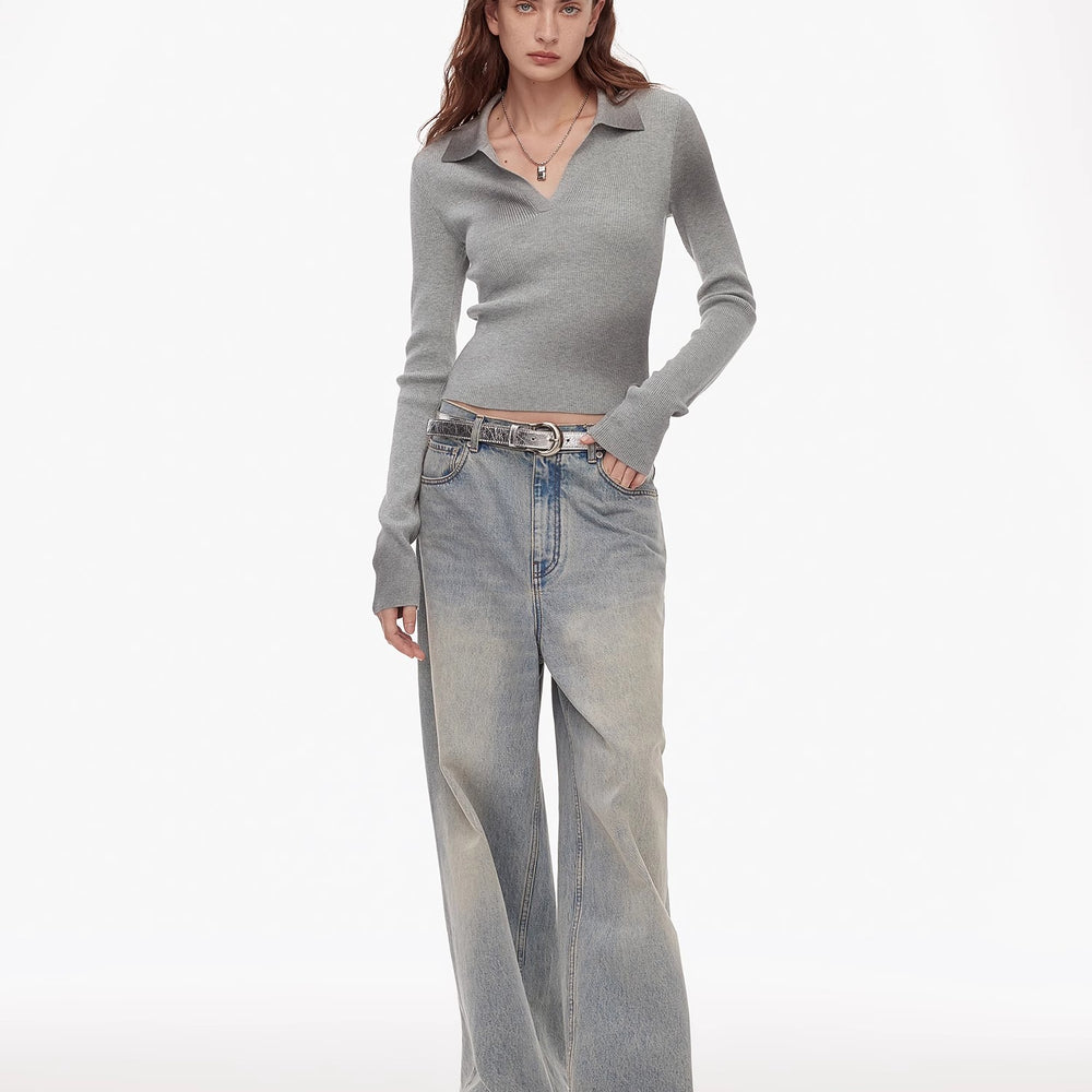 
                  
                    "Artistic Abstract" sfumato distressed printed merino wool waisted polo collar long sleeve short knit sweater
                  
                