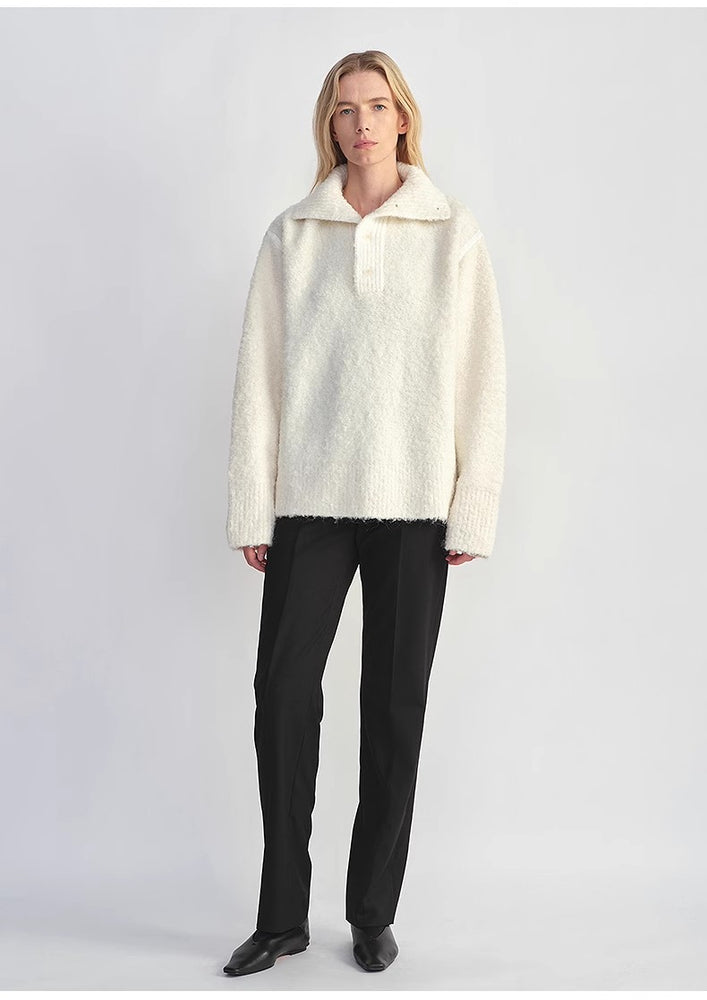 
                  
                    Alpaca wool blended bouclé yarn Spliced POLO shirt Lazy and relaxed sweater
                  
                