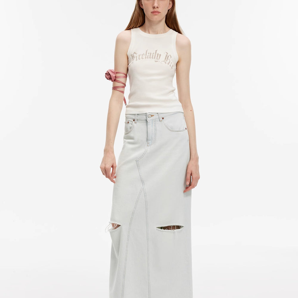"Walden Pond" Turkish Imported Wash-faded Distressed Hole Denim A-line Skirt