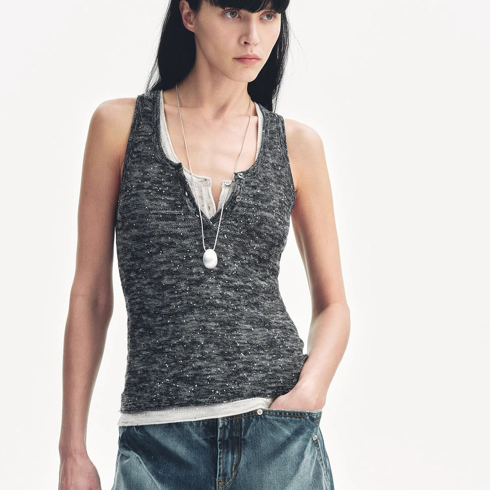 
                  
                    "Summer Night Starry Sky" Cotton and Linen Blended Henley Collar Beaded Vest Summer
                  
                