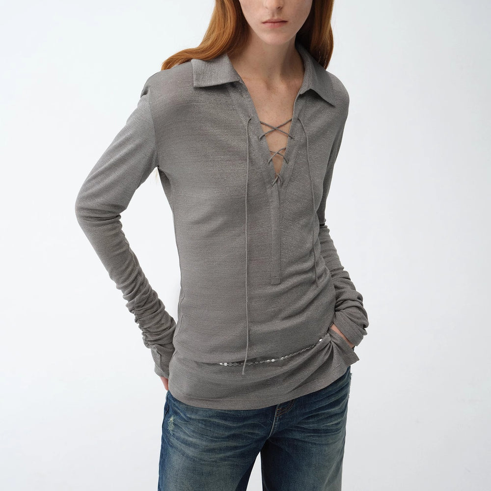 "Eiffel" light luxury silver silk knitted slightly transparent tie lapel slim drape long sleeve knitted top