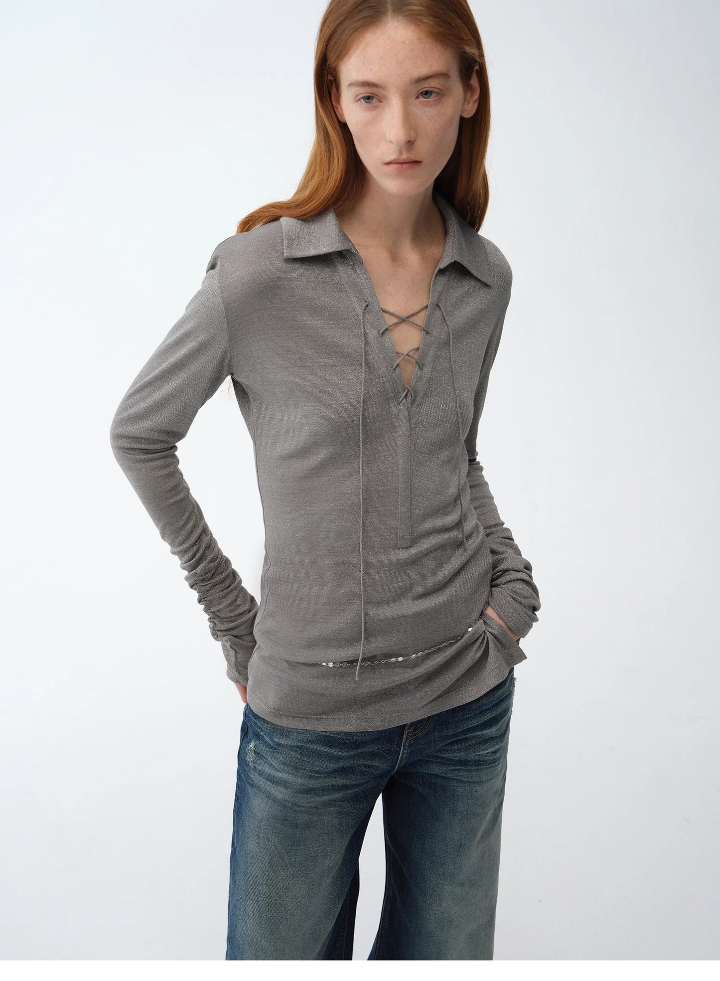 "Eiffel" light luxury silver silk knitted slightly transparent tie lapel slim drape long sleeve knitted top
