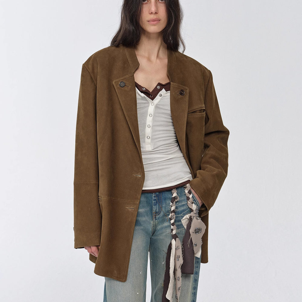 "Bavaria" vintage suede/waxy goatskin leather mid-length suit jacket