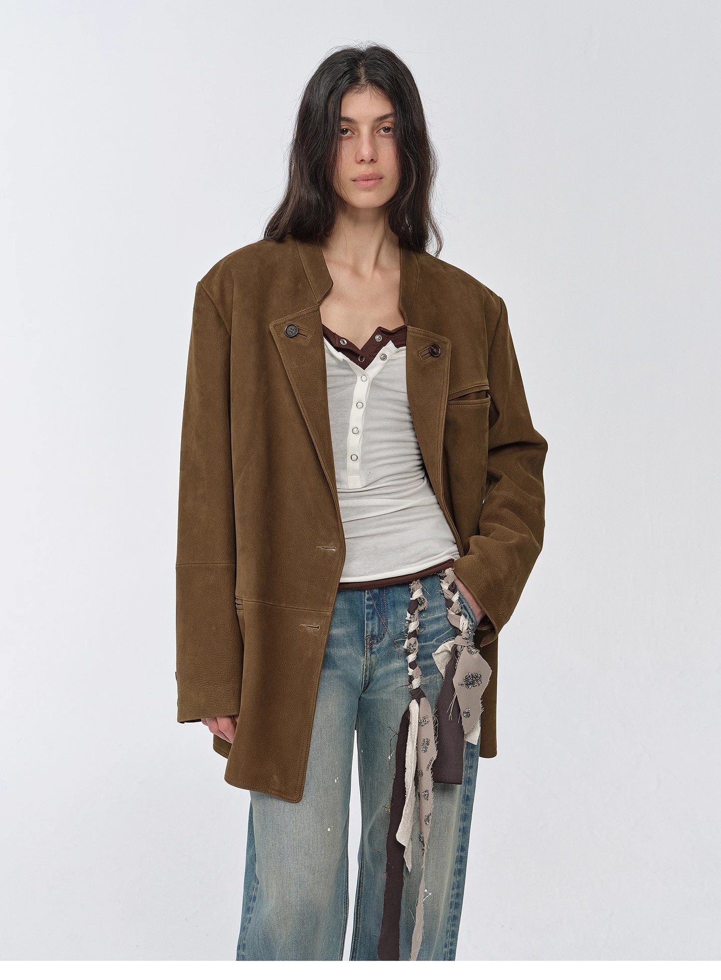 "Bavaria" vintage suede/waxy goatskin leather mid-length suit jacket