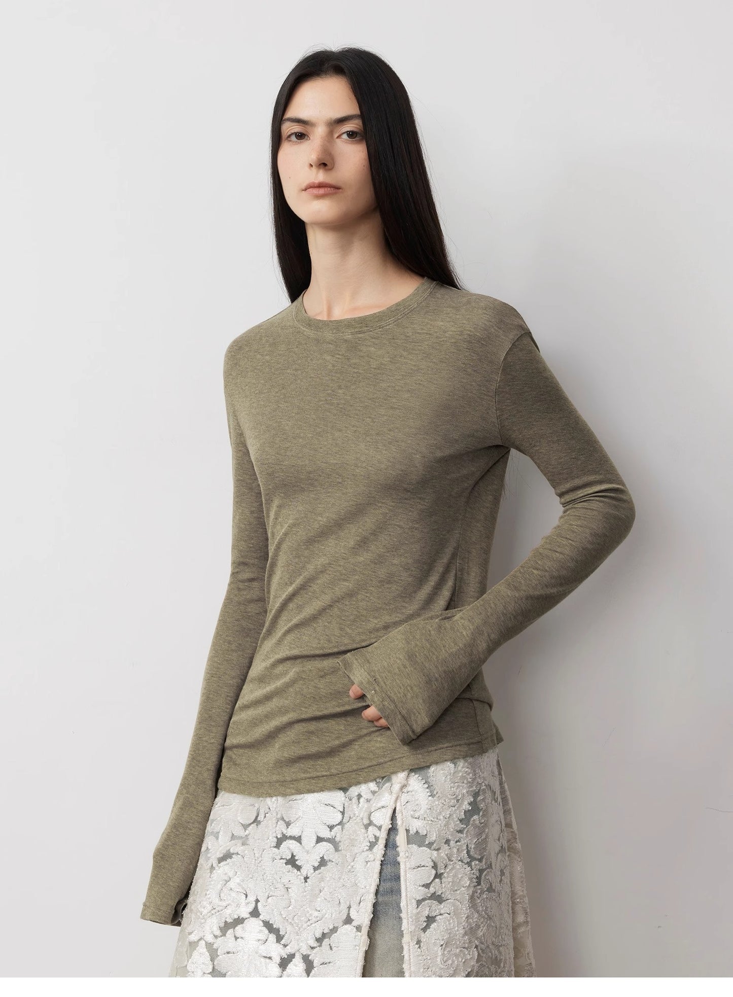 Lyocell wool stretch comfortable breathable fit minimalist solid color long-sleeved T-shirt