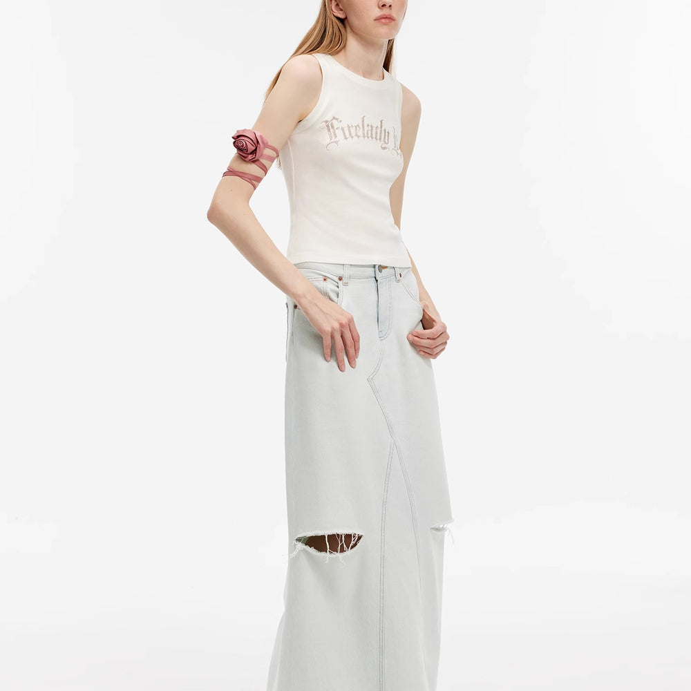 
                  
                    "Walden Pond" Turkish Imported Wash-faded Distressed Hole Denim A-line Skirt
                  
                