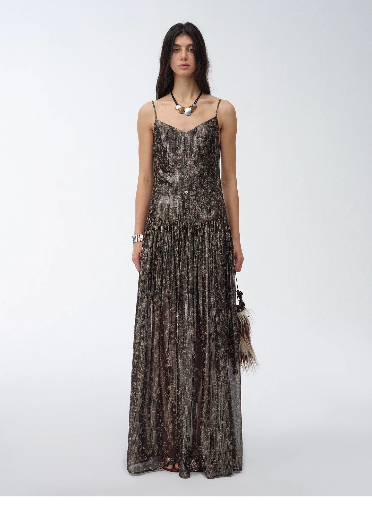 "Floating Lights" Retro Paisley Print Silk Holiday Sling Dress