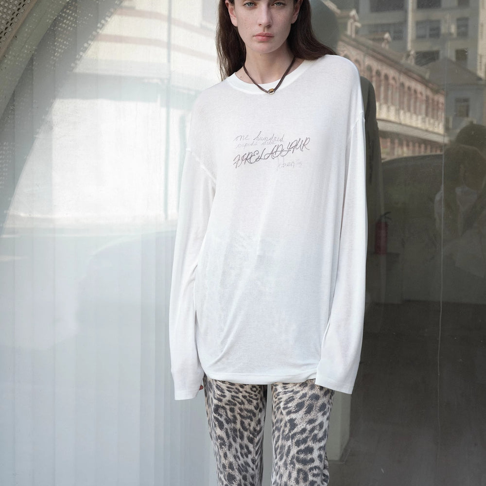 Classic all-match printed round neck slightly loose slim fit draped long sleeve T-shirt