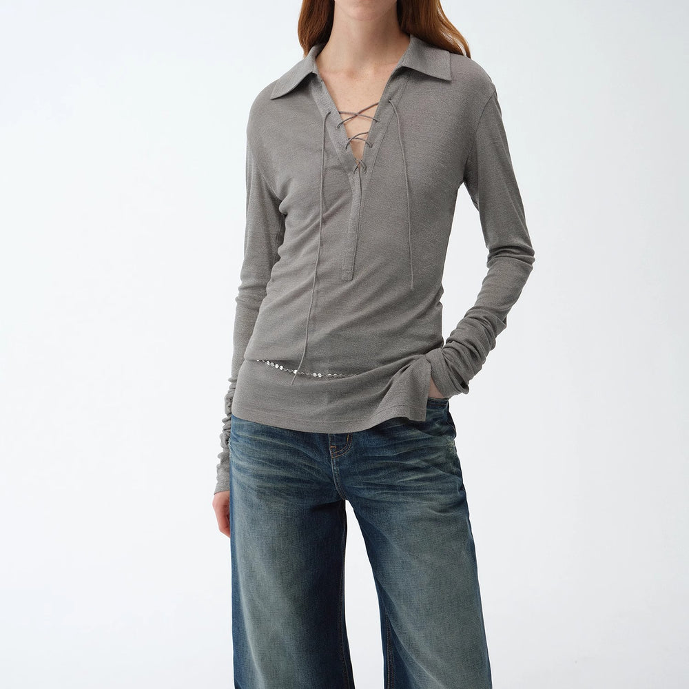 "Eiffel" light luxury silver silk knitted slightly transparent tie lapel slim drape long sleeve knitted top