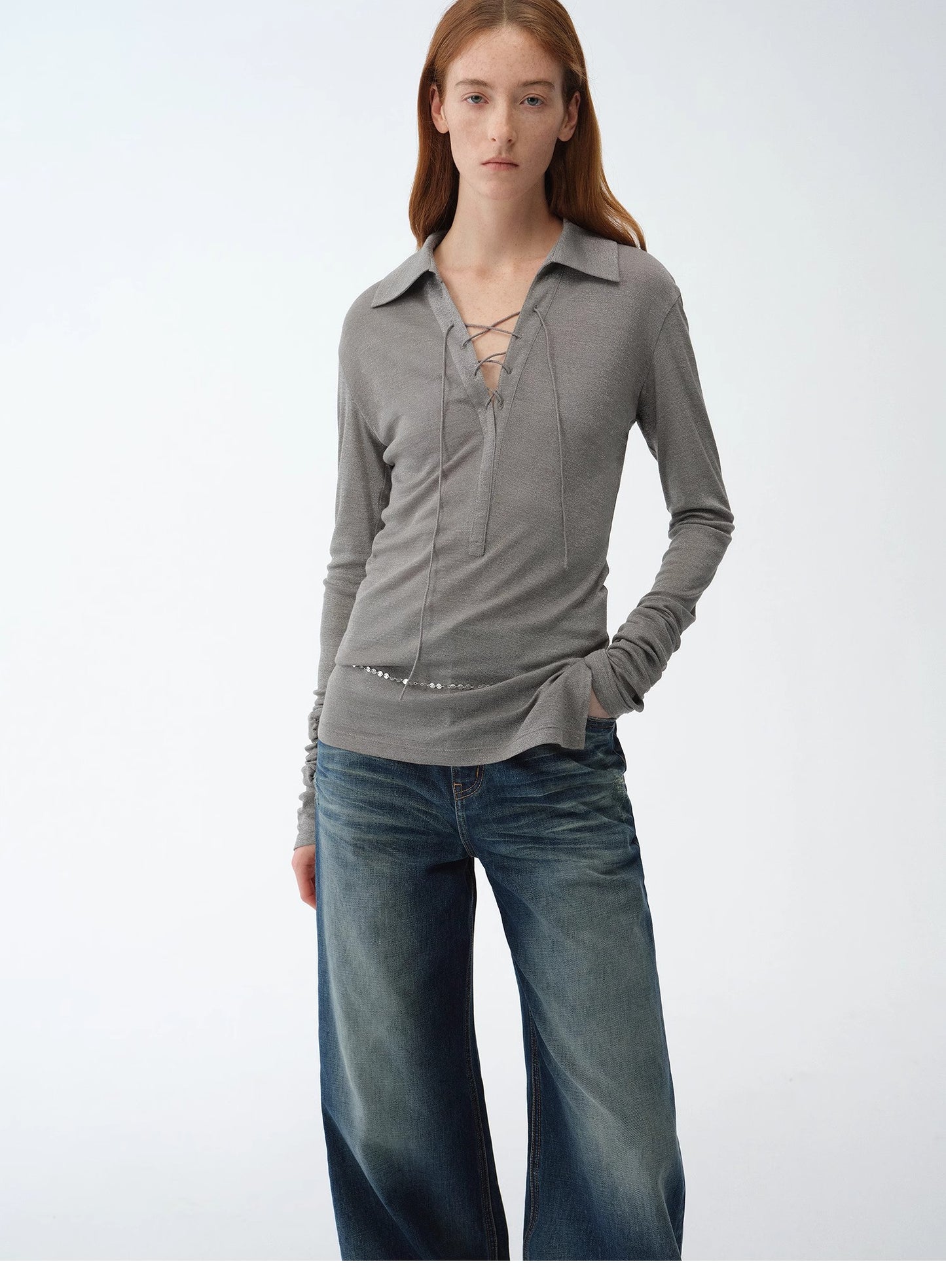 "Eiffel" light luxury silver silk knitted slightly transparent tie lapel slim drape long sleeve knitted top