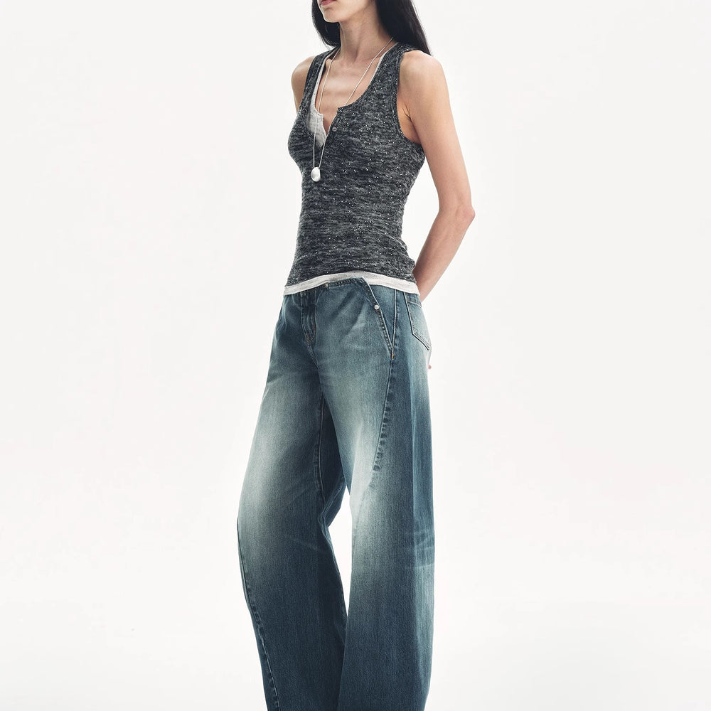 
                  
                    "Summer Night Starry Sky" Cotton and Linen Blended Henley Collar Beaded Vest Summer
                  
                