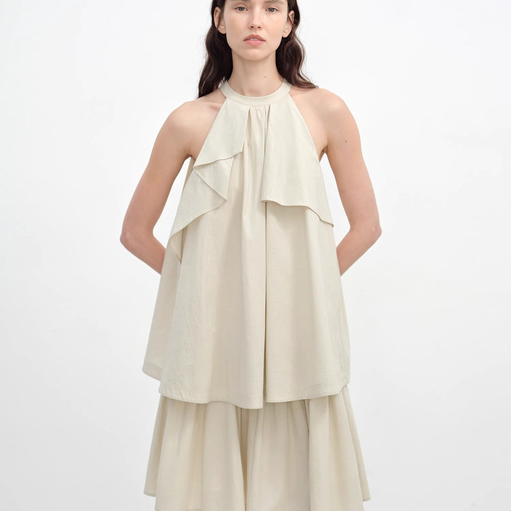 "Floating Island Manor" small stand-up collar design asymmetrical halter dress