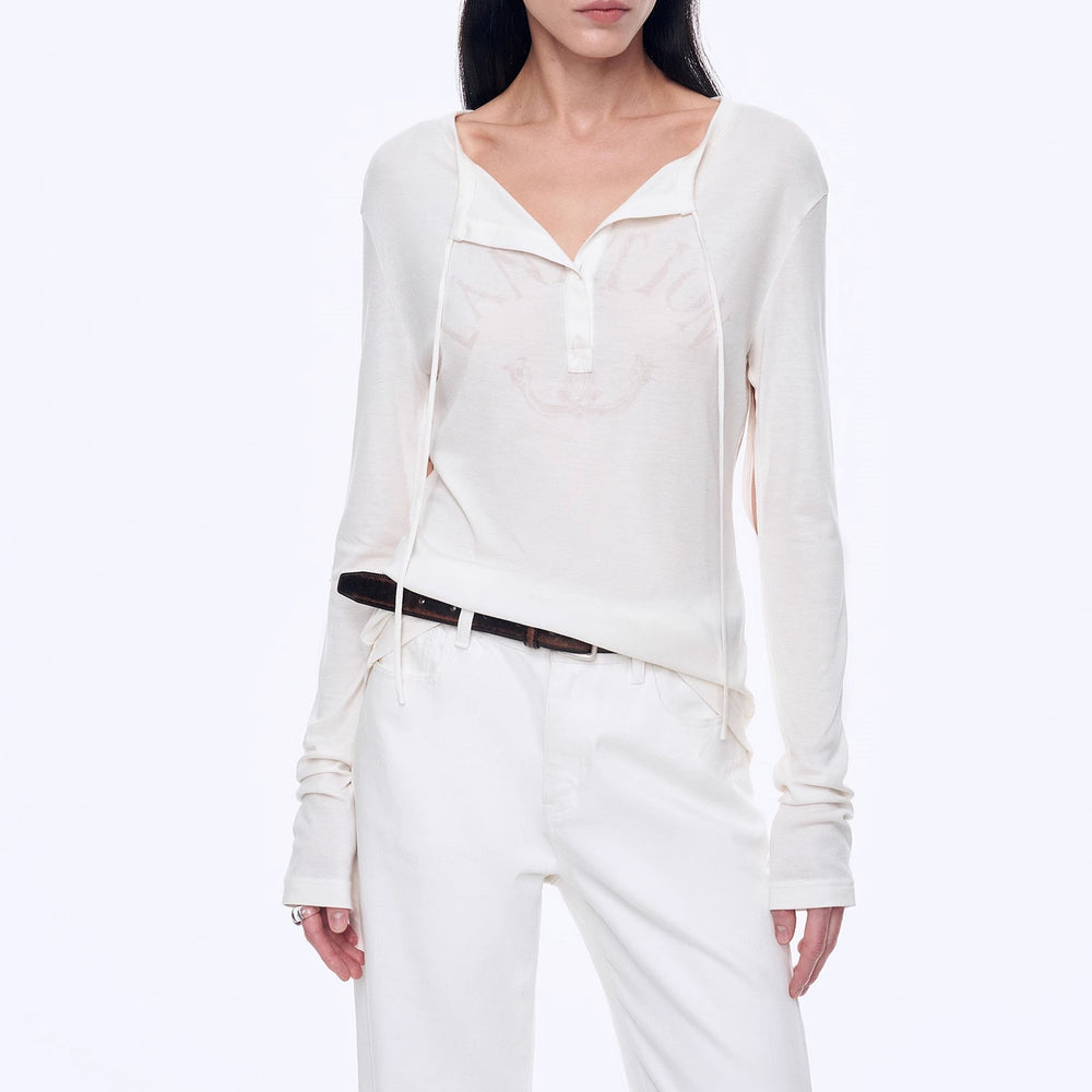 
                  
                    "Minimal Message" ethnic print modal knit henley collar tie long sleeve T-shirt top
                  
                