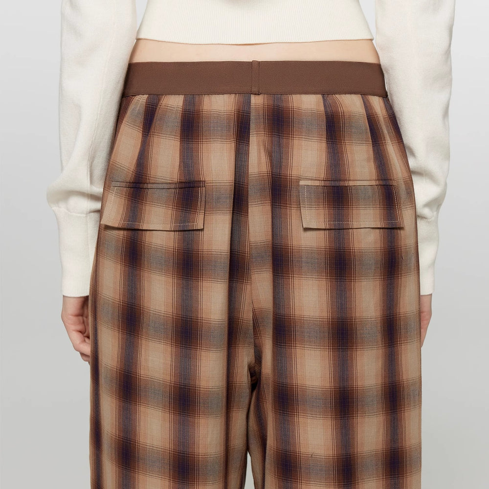 "Patchwork Street Corner" Dyed Retro Plaid Casual Pants for Women, Elastic Waist, Straight-Leg, Wide-Leg Long Trousers