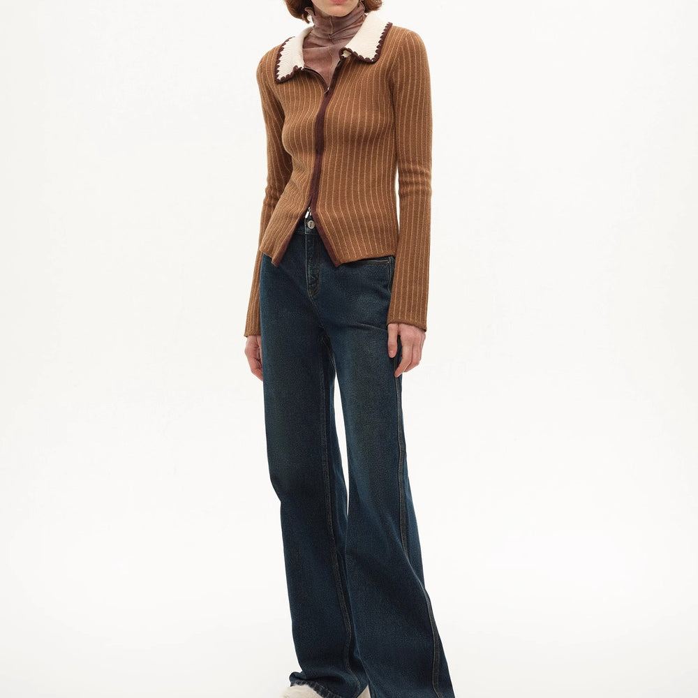 
                  
                    [FF×JW joint striped fabric] Slim-fitting crocheted lapel color-blocked striped comfortable wool knitted cardigan
                  
                