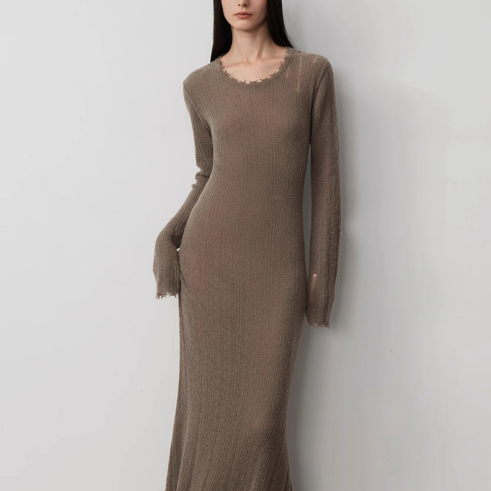 Wool looped yarn raw edge ripped and drapey long dress with a slim fit