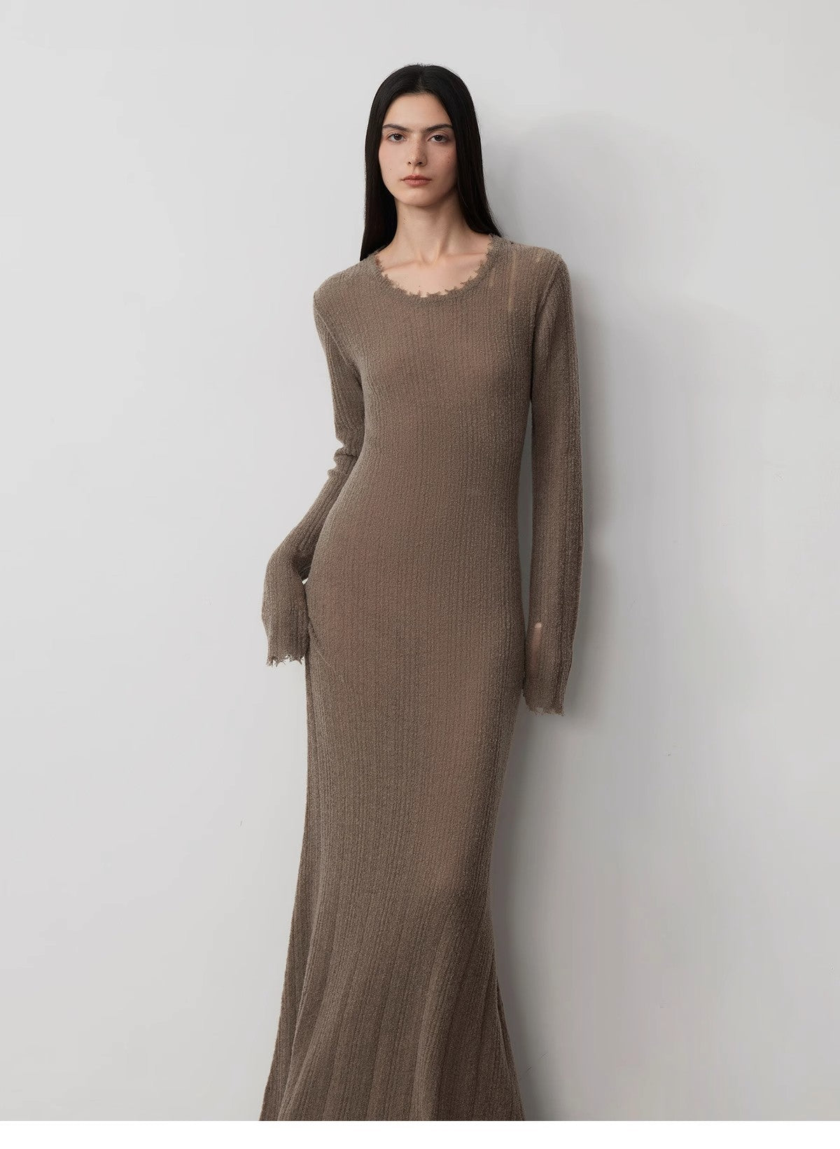 Wool looped yarn raw edge ripped and drapey long dress with a slim fit