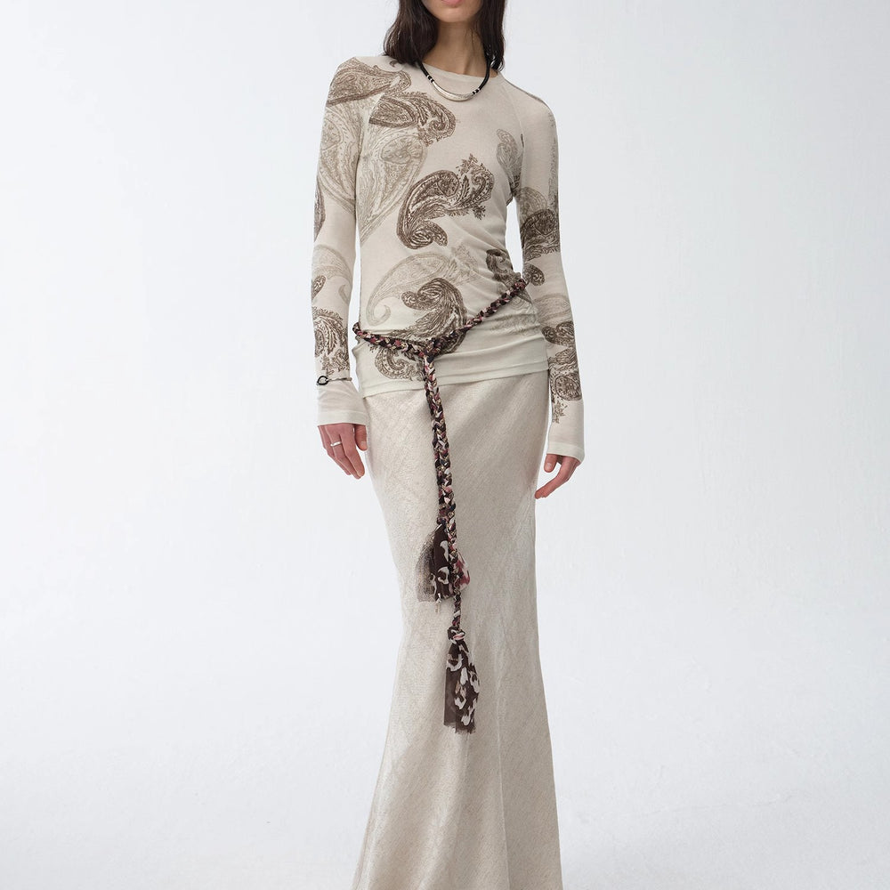 "Vintage Gene" Tencel wool original cashew print round neck slim long sleeve T-shirt top