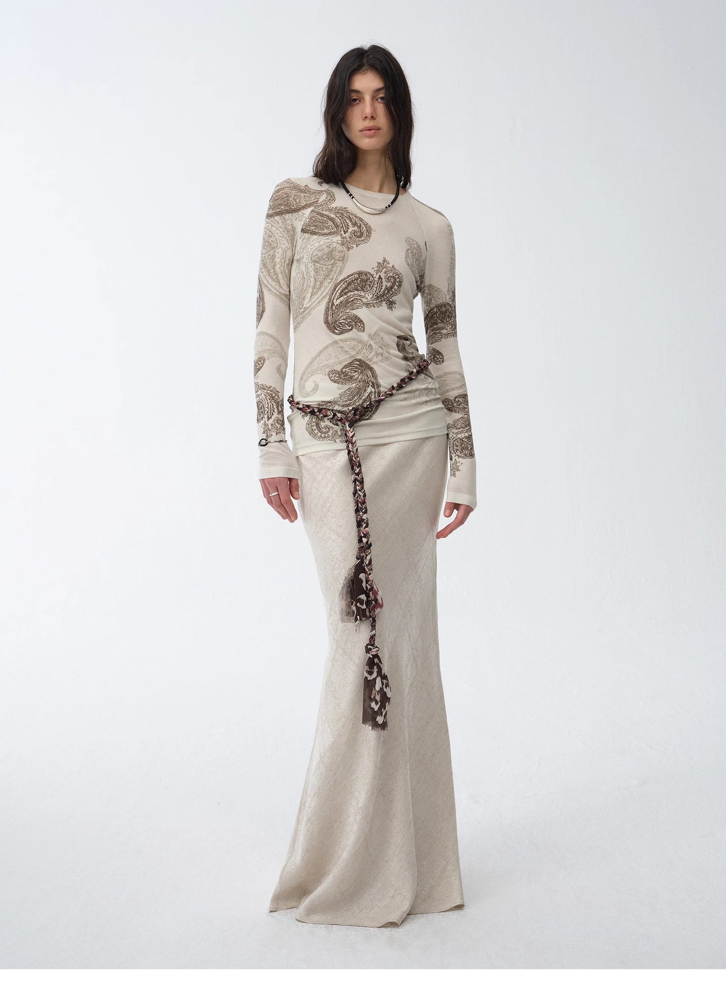 "Vintage Gene" Tencel wool original cashew print round neck slim long sleeve T-shirt top