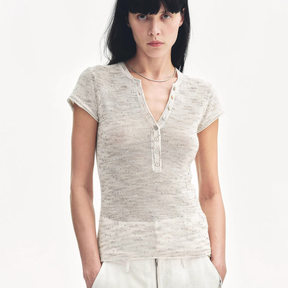 
                  
                    "Minimalist Light Gap" Cotton and Linen Blend Sequined Henley Neck Short Sleeve T-Shirt
                  
                