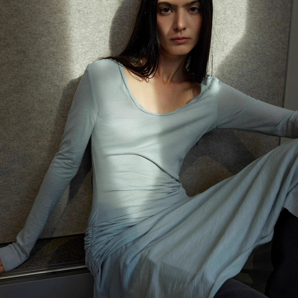 "Dreamy Ball" Lightweight and Breathable 100% Wool / U-neck Irregular Hem Long Dress for Women
