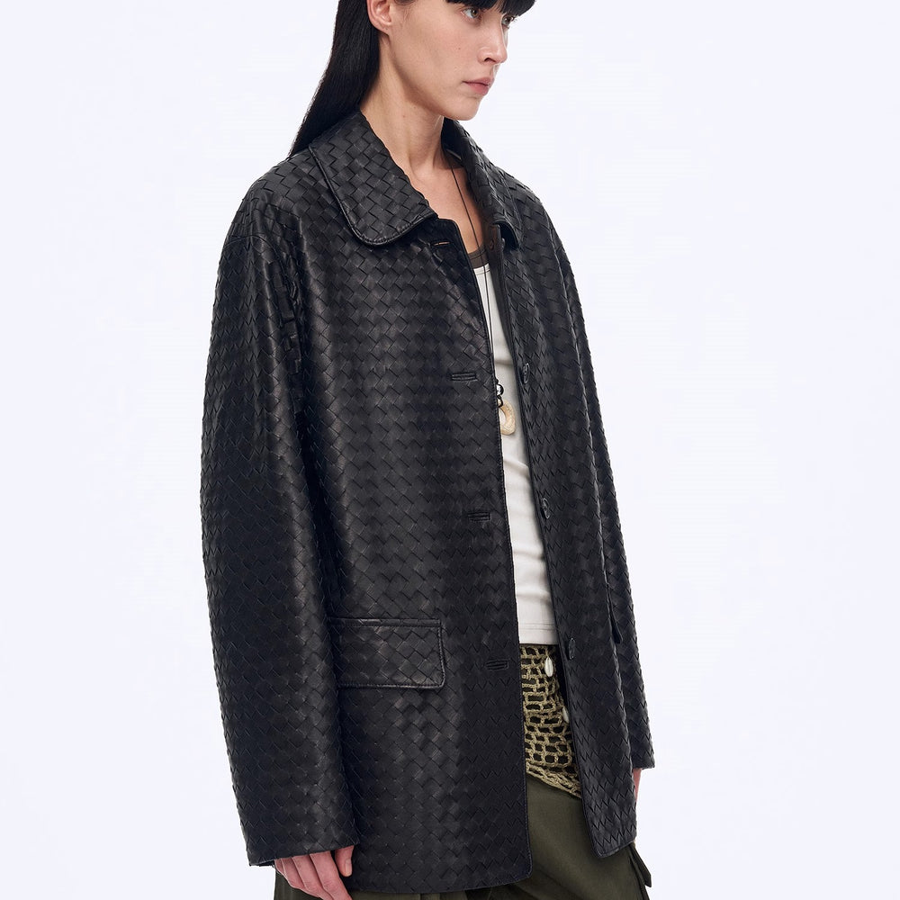 
                  
                    "Rembrandt Night" New Zealand imported lambskin perforated woven leather jacket spring
                  
                