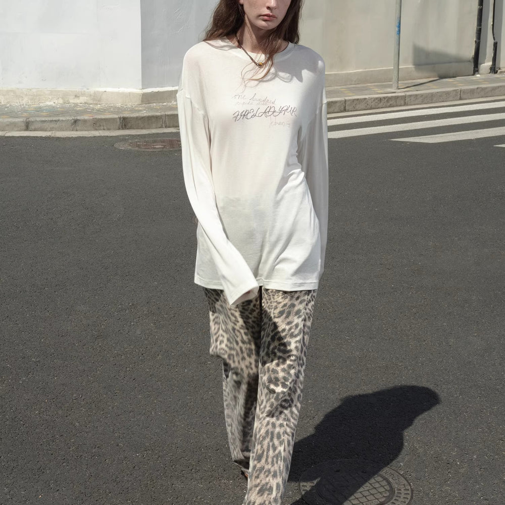 Classic all-match printed round neck slightly loose slim fit draped long sleeve T-shirt
