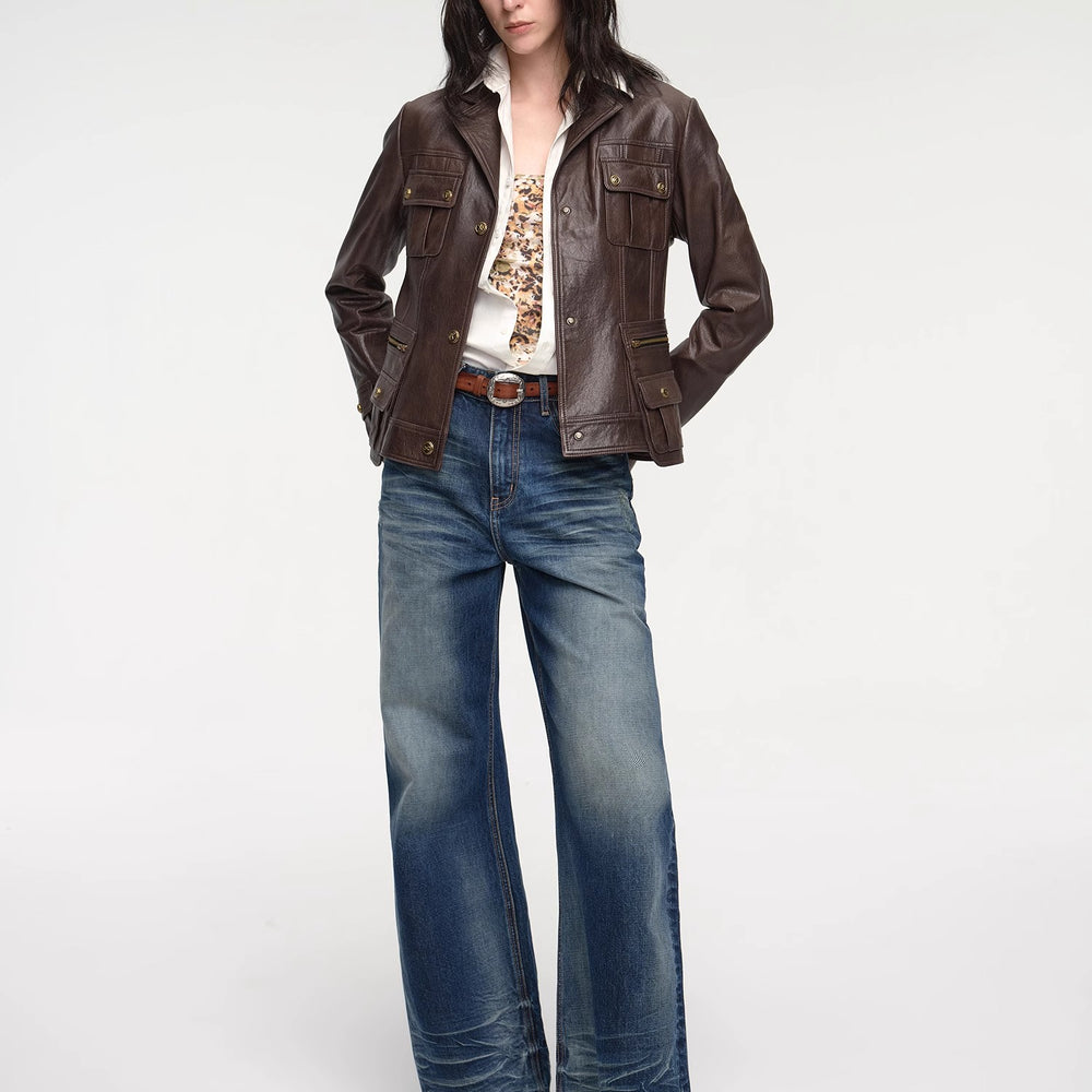 "Phantom of the Floating Palace" imported oil wax sheepskin waist leather jacket from New Zealand