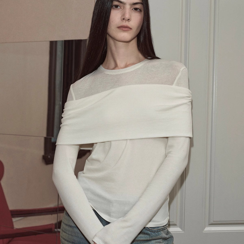 "Modern Tricks" personalized layered Tencel wool fake two-piece splicing one-shoulder versatile knitted top