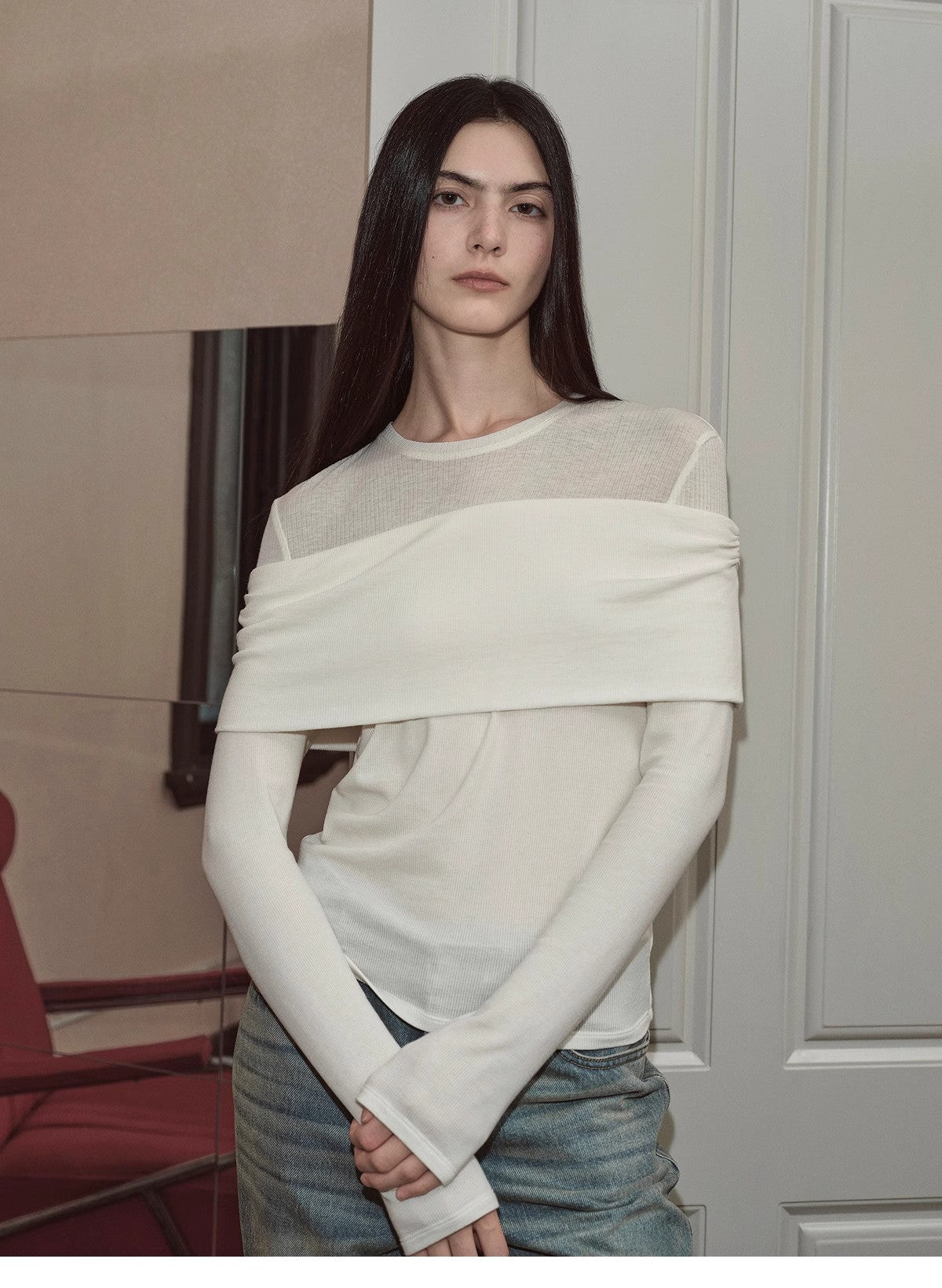 "Modern Tricks" personalized layered Tencel wool fake two-piece splicing one-shoulder versatile knitted top