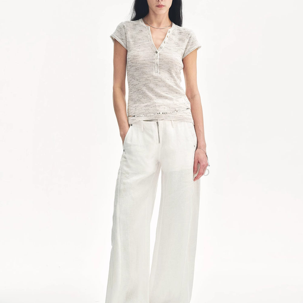 "Minimalist Light Gap" Cotton and Linen Blend Sequined Henley Neck Short Sleeve T-Shirt