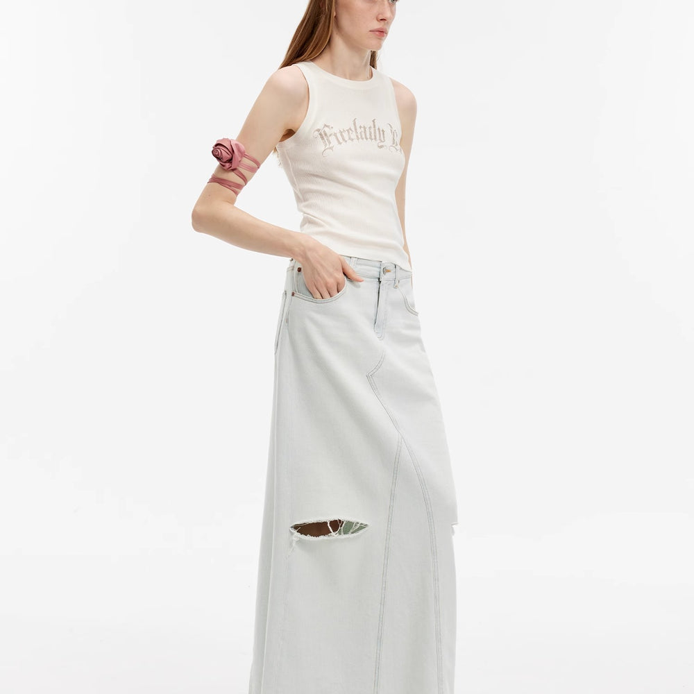
                  
                    "Walden Pond" Turkish Imported Wash-faded Distressed Hole Denim A-line Skirt
                  
                