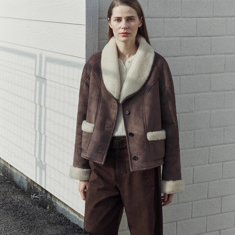 "Pure Era" imported high-quality lamb contrast color fruit collar short wool fur coat