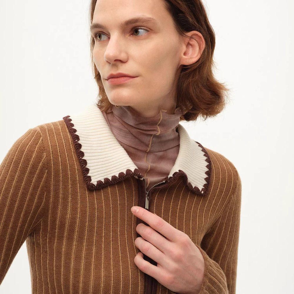 
                  
                    [FF×JW joint striped fabric] Slim-fitting crocheted lapel color-blocked striped comfortable wool knitted cardigan
                  
                