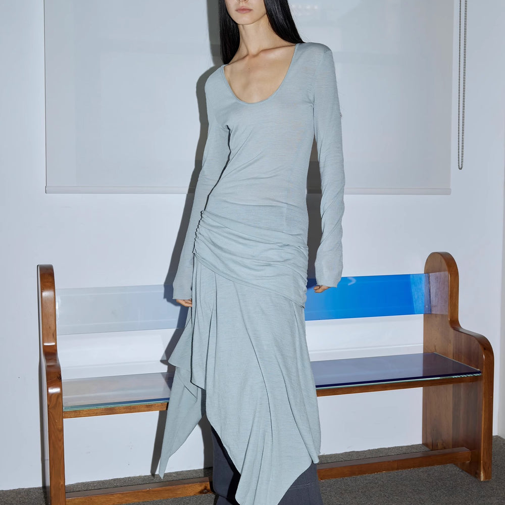 "Dreamy Ball" Lightweight and Breathable 100% Wool / U-neck Irregular Hem Long Dress for Women
