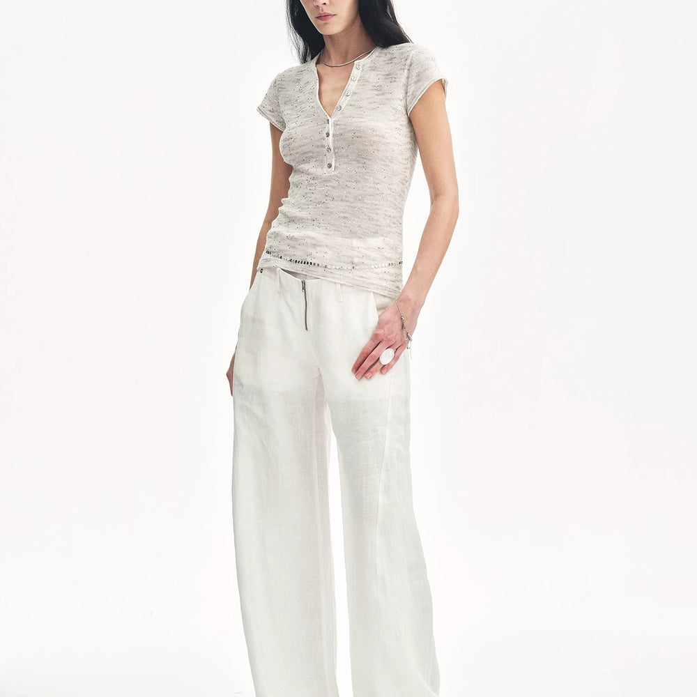 
                  
                    "Minimalist Light Gap" Cotton and Linen Blend Sequined Henley Neck Short Sleeve T-Shirt
                  
                