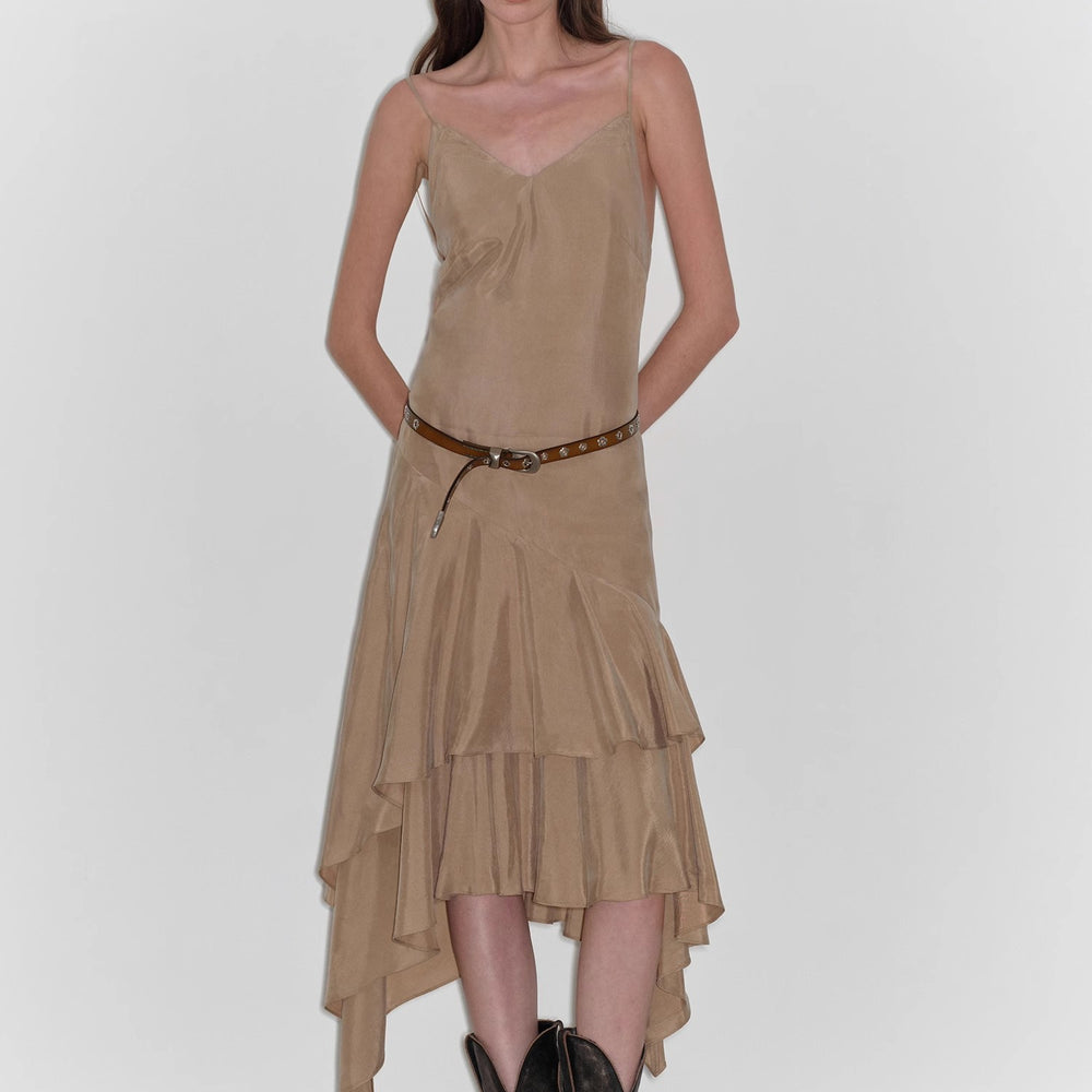 "Heart-beating Invitation" Lazy copper-ammonia rayon V-neck irregular adjustable mid-length suspender dress