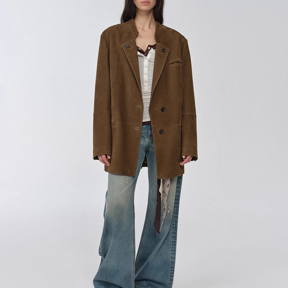 "Bavaria" vintage suede/waxy goatskin leather mid-length suit jacket
