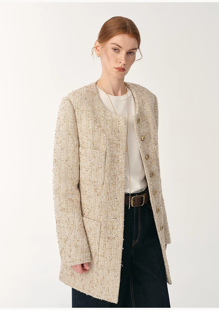 
                  
                    Heavy wool tweed high-end exquisite round neck patch pocket slim Chanel jacket for women
                  
                