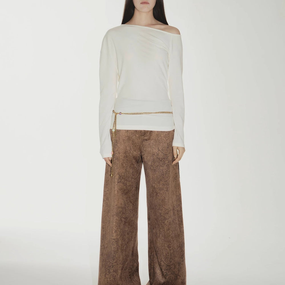 
                  
                    "Vintage Walk" Retro nostalgic chenille suede mid-rise cashew smudge print scimitar pants
                  
                