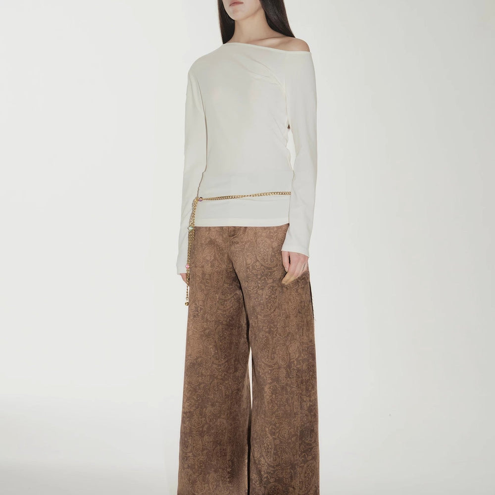 
                  
                    "Vintage Walk" Retro nostalgic chenille suede mid-rise cashew smudge print scimitar pants
                  
                