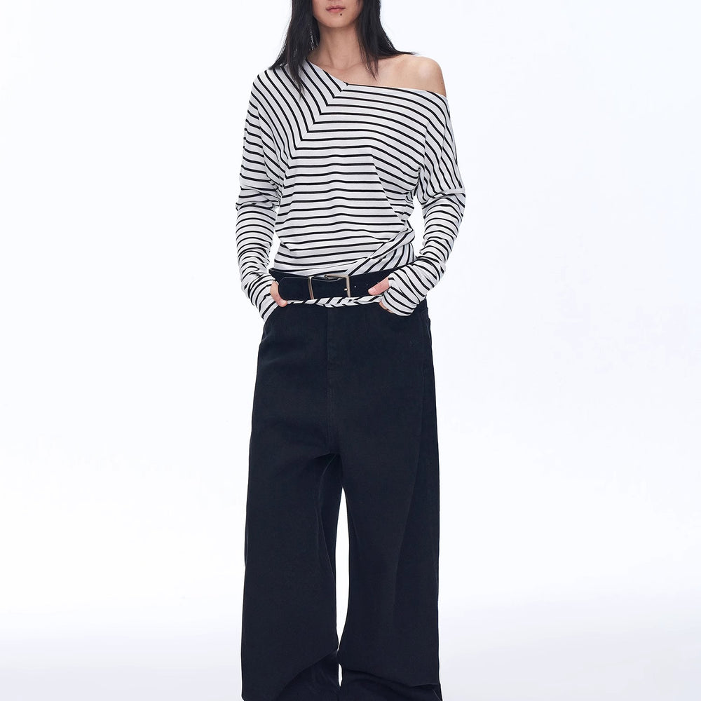 "Picasso Lines" fashionable off-shoulder Lyocell Tencel wool blended draped patchwork striped T-shirt