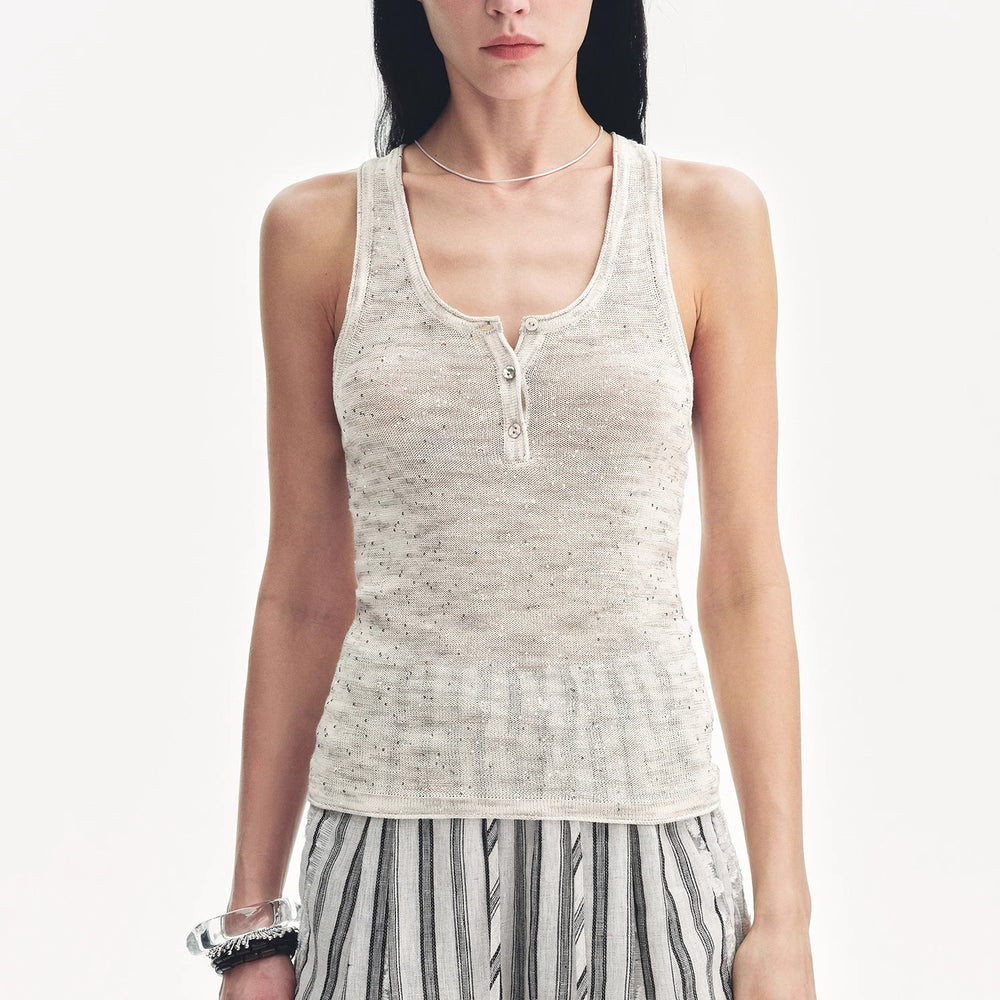 
                  
                    "Summer Night Starry Sky" Cotton and Linen Blended Henley Collar Beaded Vest Summer
                  
                