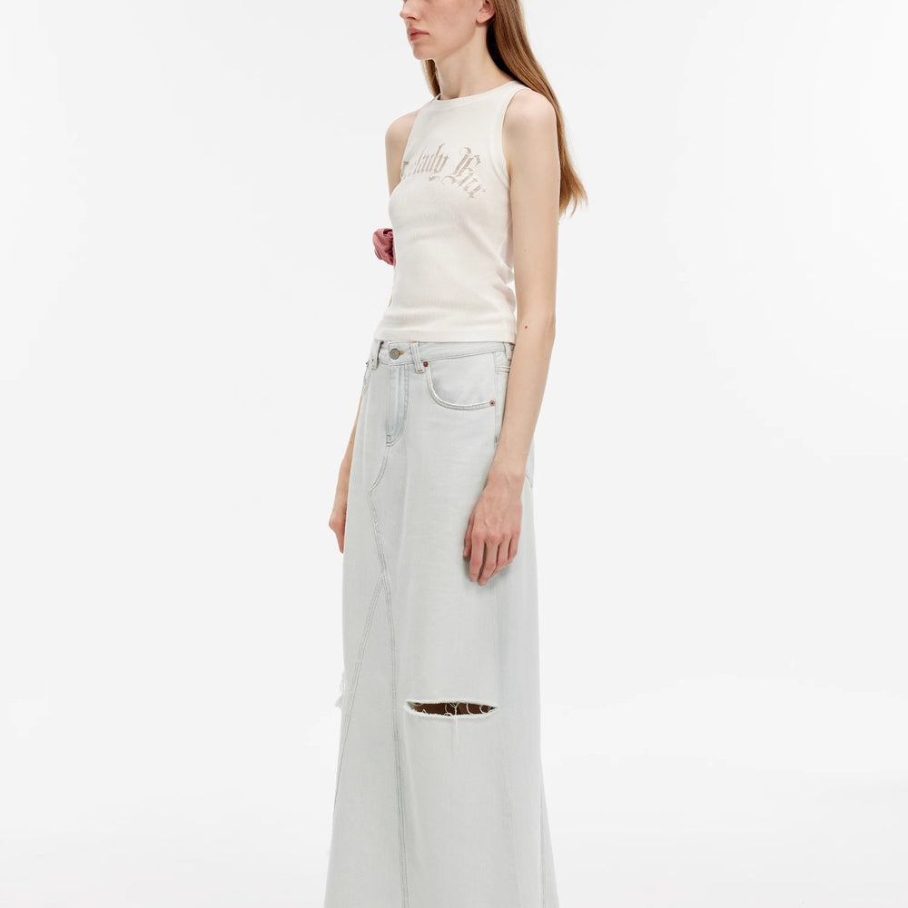 
                  
                    "Walden Pond" Turkish Imported Wash-faded Distressed Hole Denim A-line Skirt
                  
                