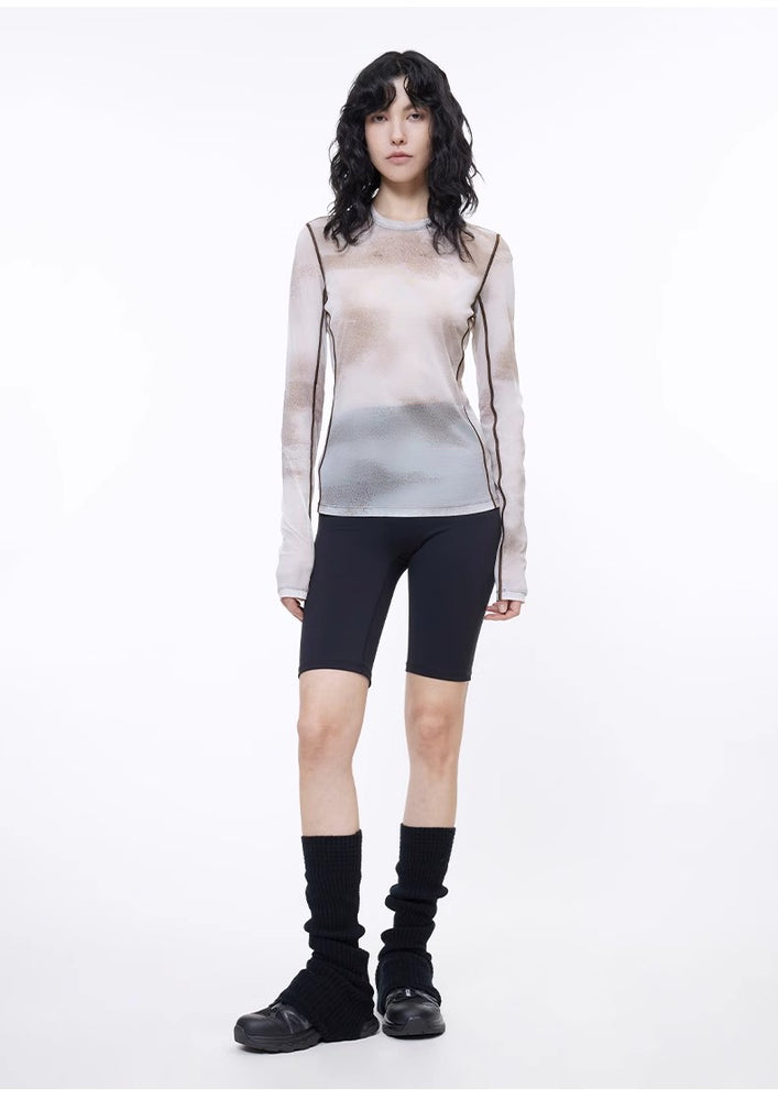 
                  
                    Smudge-printed mesh slightly see-through long-sleeved T-shirt for women
                  
                