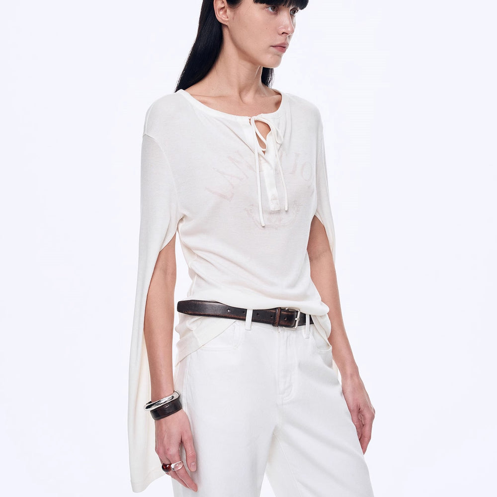 
                  
                    "Minimal Message" ethnic print modal knit henley collar tie long sleeve T-shirt top
                  
                