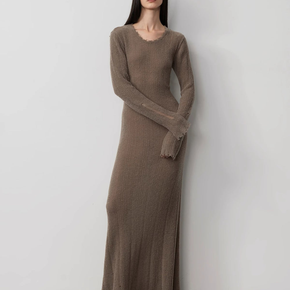 Wool looped yarn raw edge ripped and drapey long dress with a slim fit