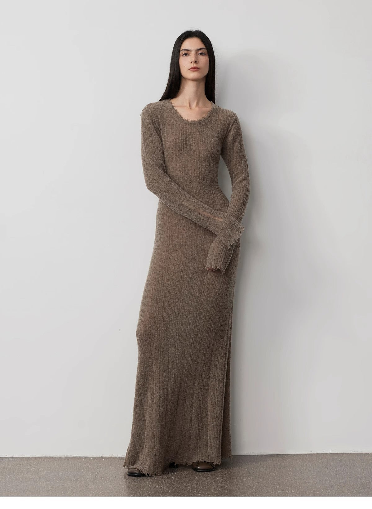 Wool looped yarn raw edge ripped and drapey long dress with a slim fit
