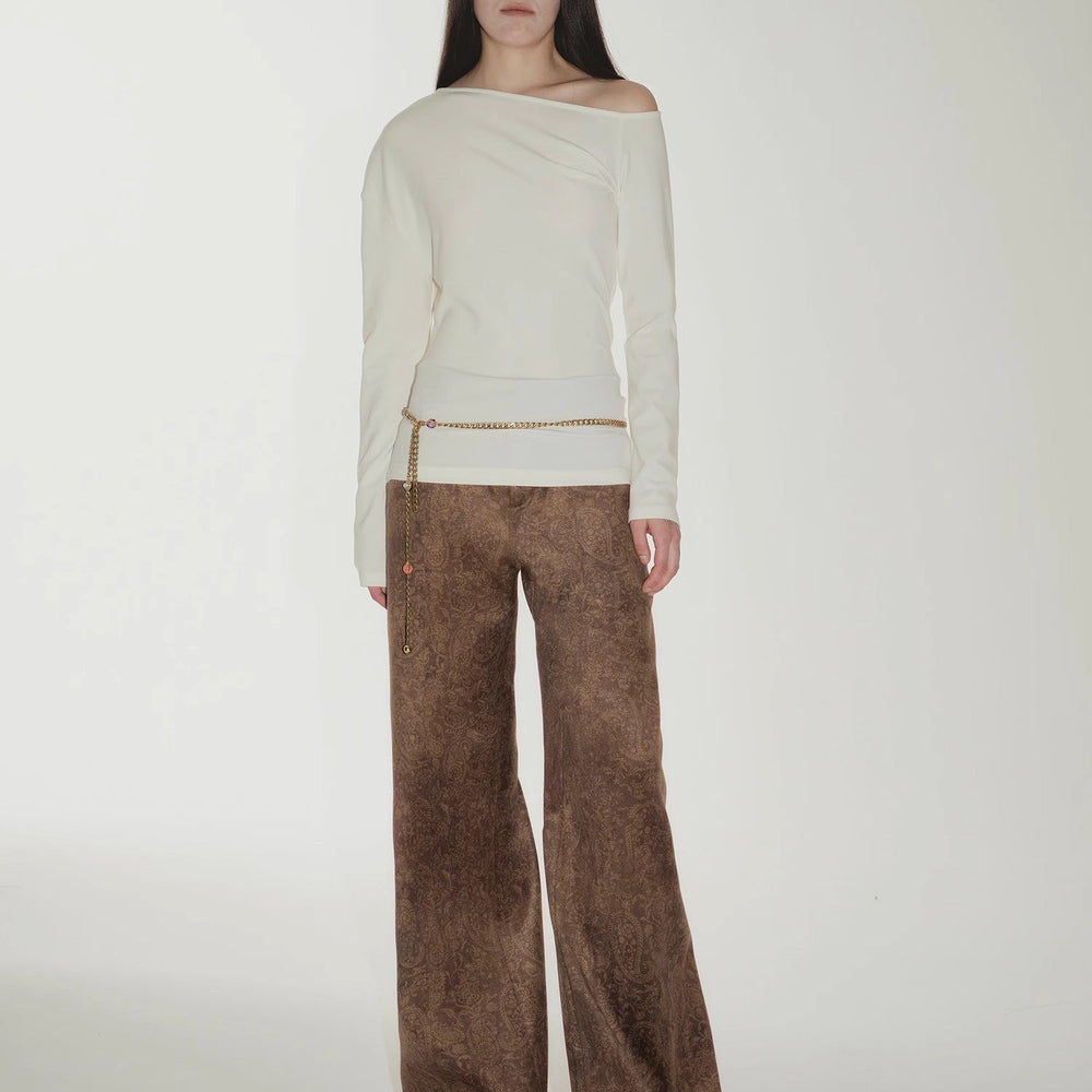 
                  
                    "Vintage Walk" Retro nostalgic chenille suede mid-rise cashew smudge print scimitar pants
                  
                